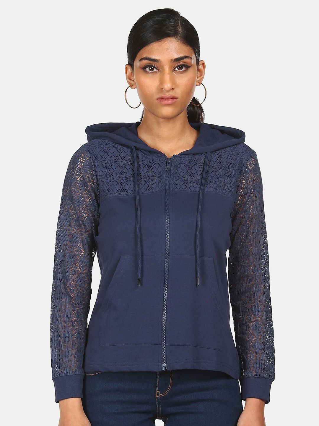 Sugr Women Blue Solid Hooded Pure Cotton Sweatshirt Price in India