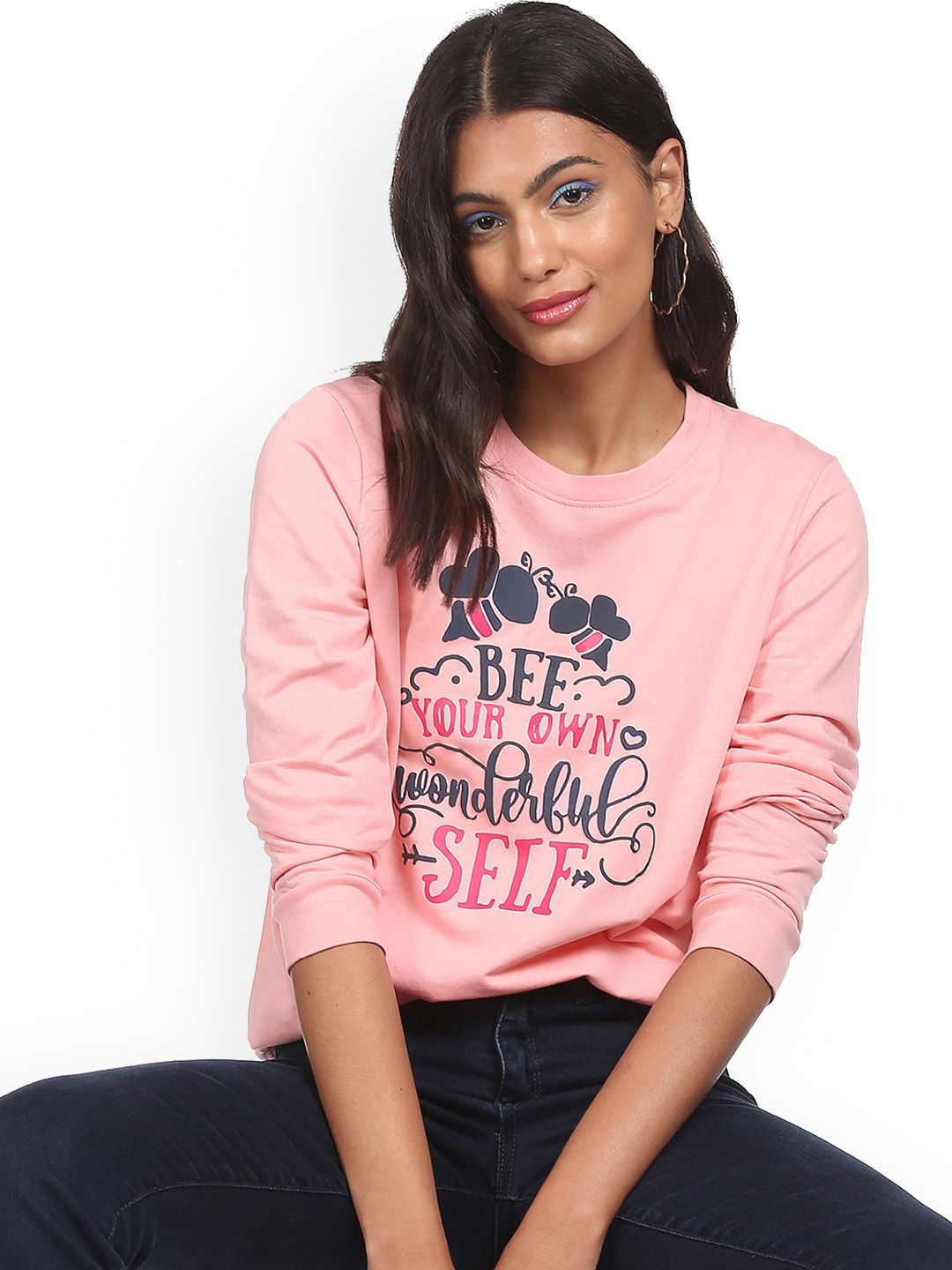 Sugr Woman Pink Round Neck Printed Sweatshirt Price in India