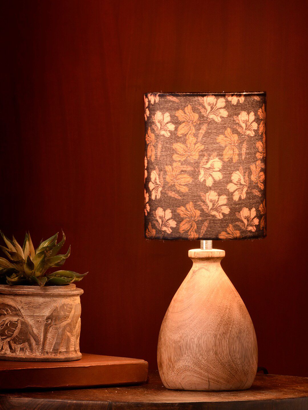 green girgit Brown Floral Wooden Dome Table Lamp Price in India