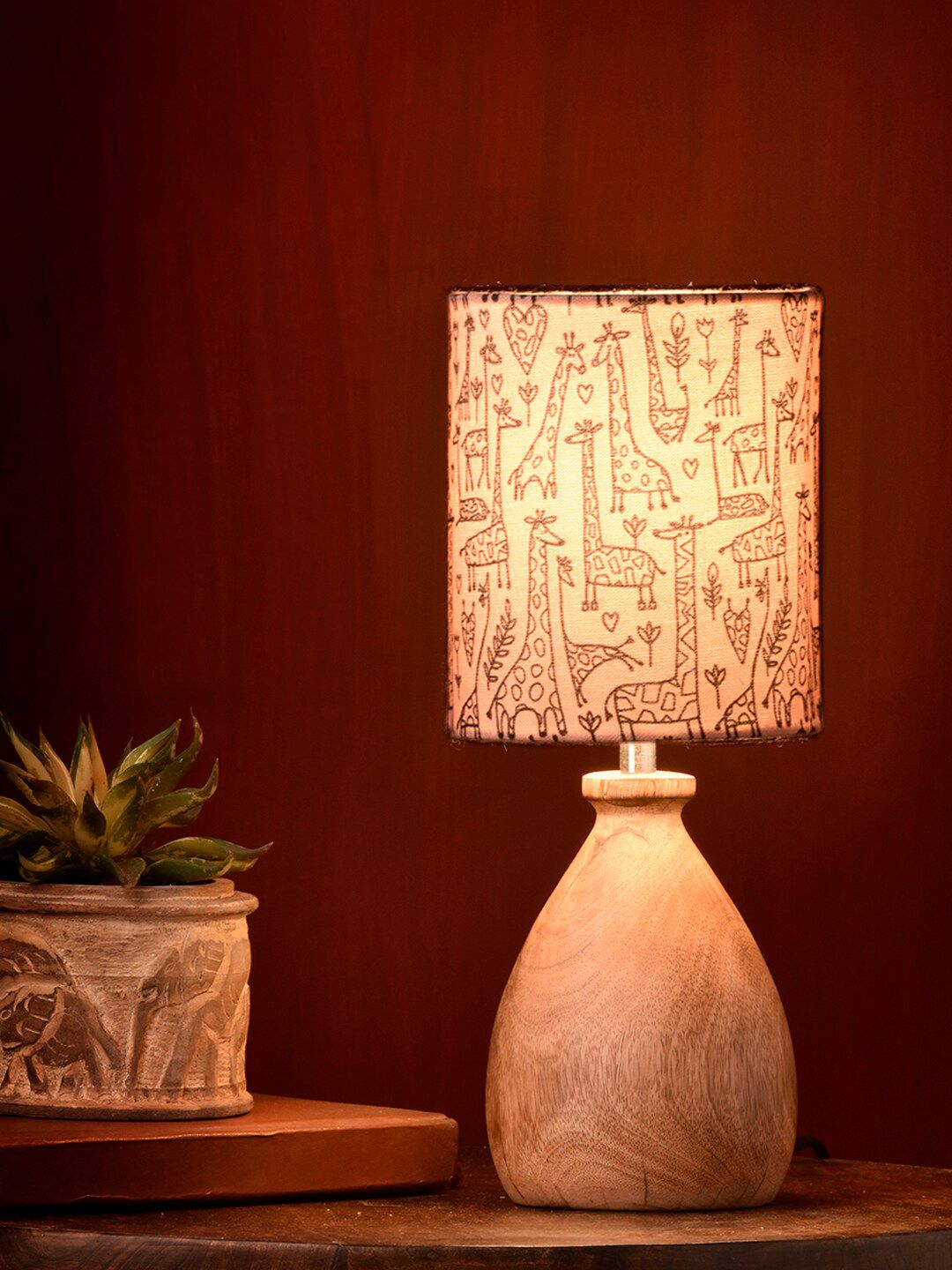 green girgit Brown Wooden Dome Table Lamp Animal Printed Shade Price in India