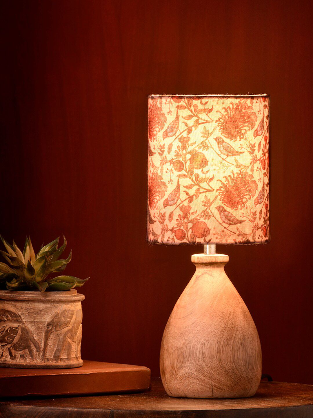 green girgit Brown Wooden Dome Table Lamp Bird Printed Shade Price in India