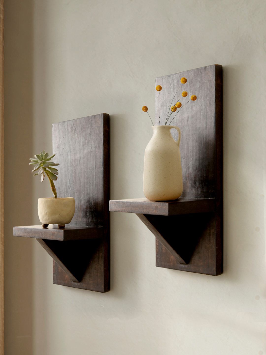 green girgit Set Of 2 Brown Wooden Wall Shelves Price in India