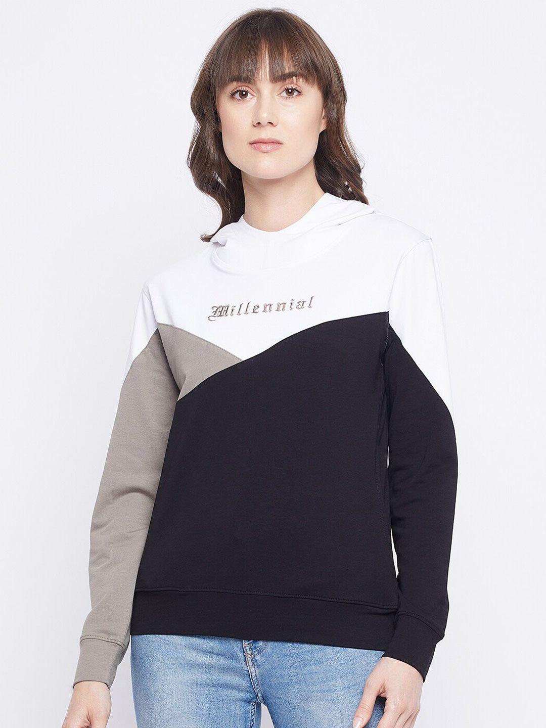 Adobe Women Black & White Colourblocked Cotton Sweatshirt Price in India