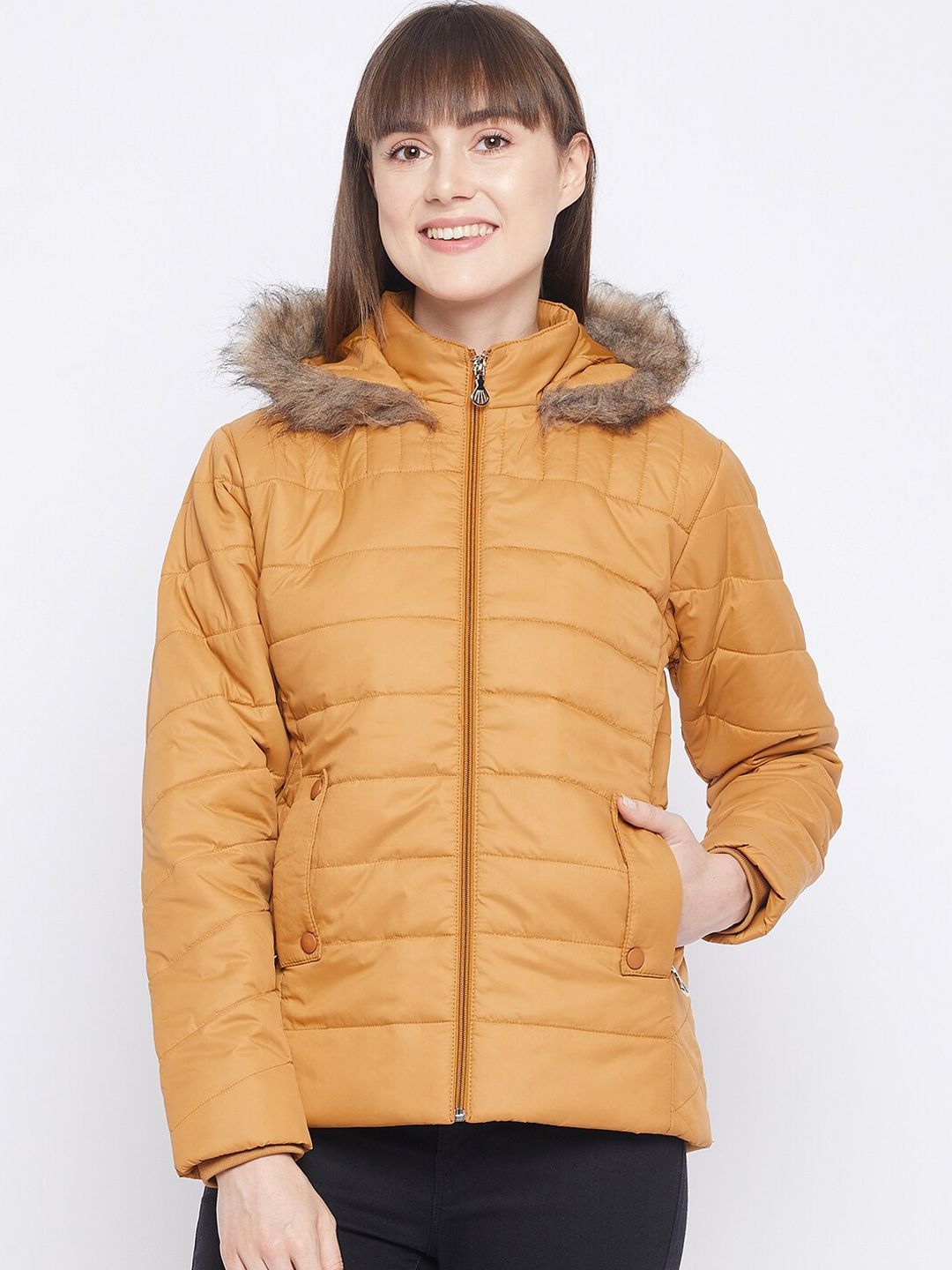 Adobe Women Mustard Lightweight Fur Parka Jacket Price in India