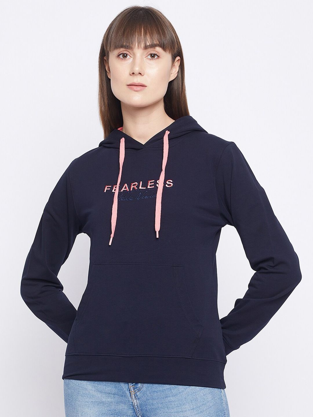 Adobe Women Navy Blue Embroidered Hooded Sweatshirt Price in India