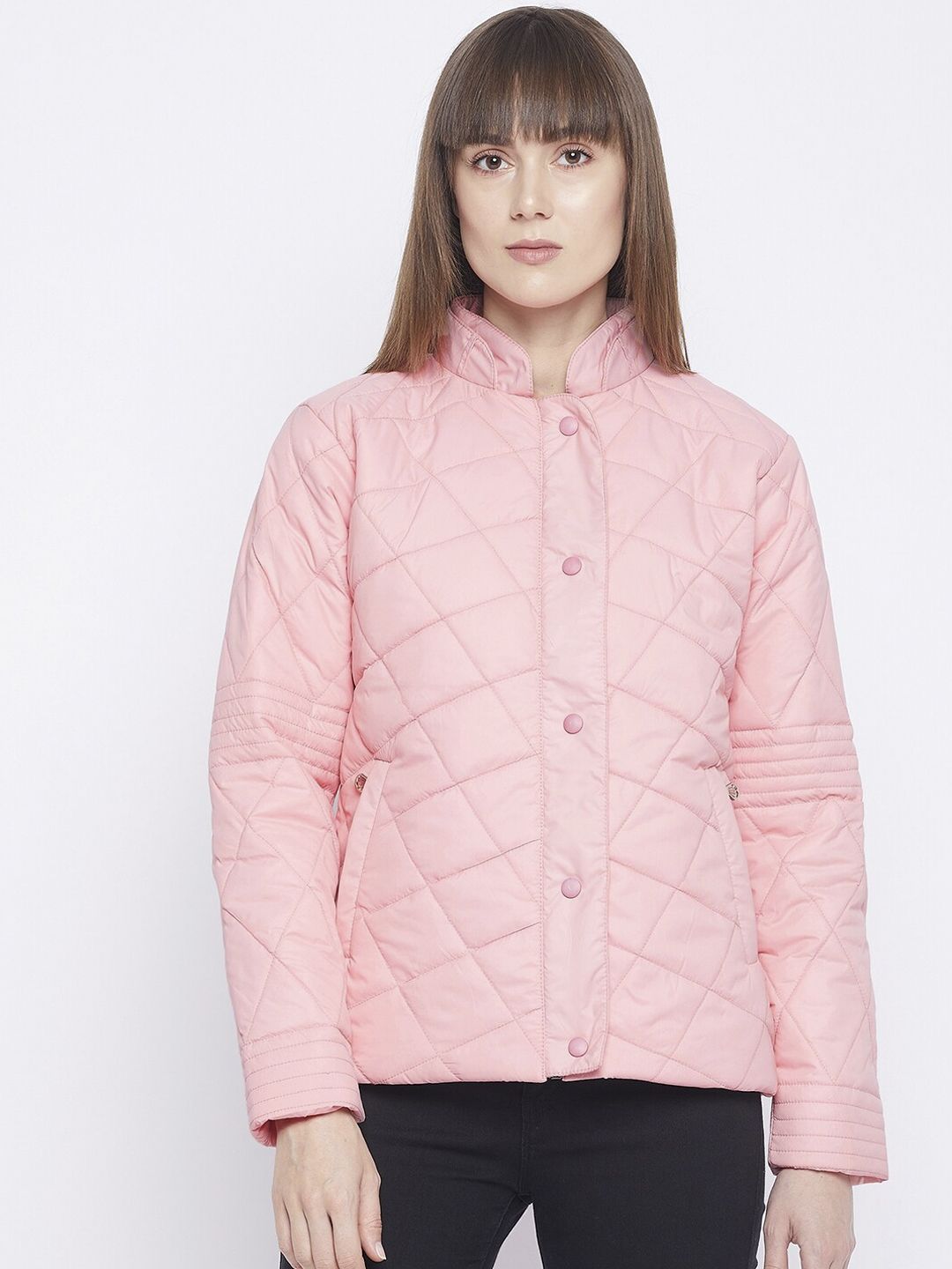 Adobe Women Pink Lightweight Quilted Jacket with Embroidered Price in India