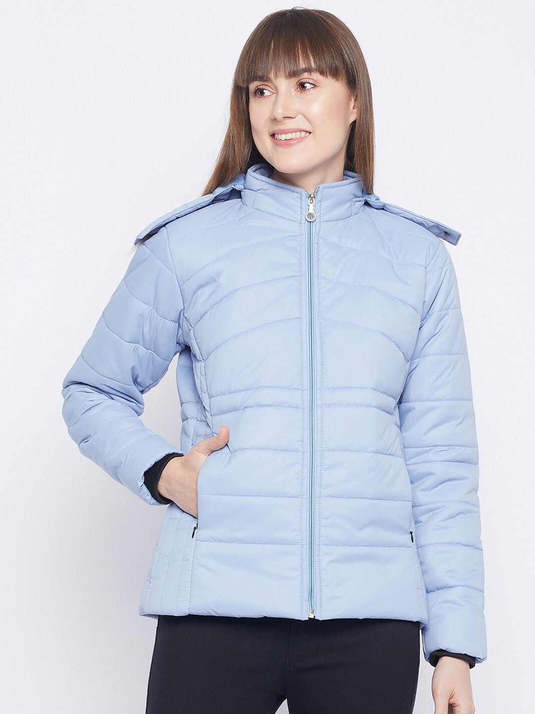 Adobe Women Blue Lightweight Padded Detachable Hooded Jacket Price in India