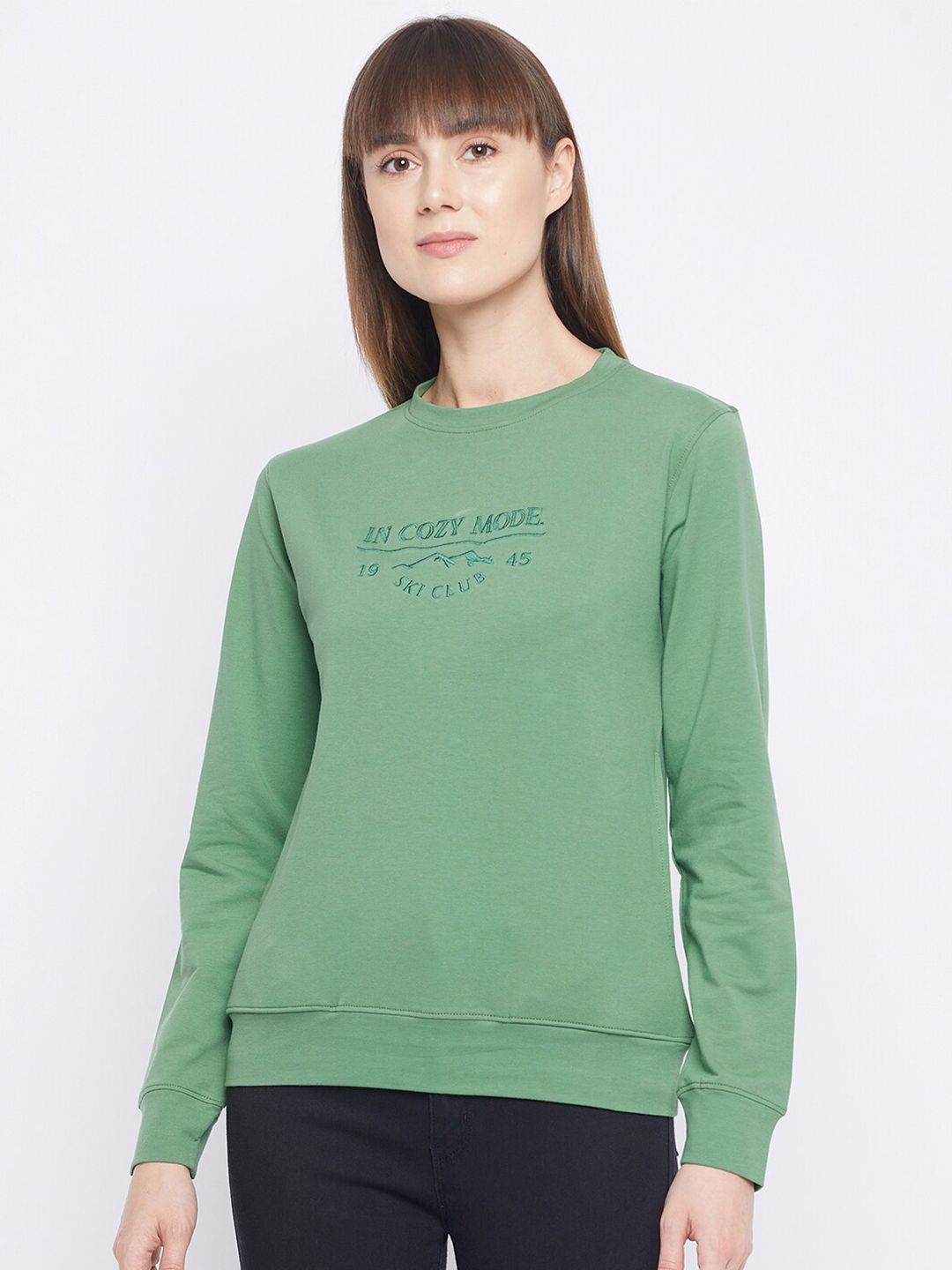 Adobe Women Green Printed Full Sleeve Round Neck Sweatshirt Price in India