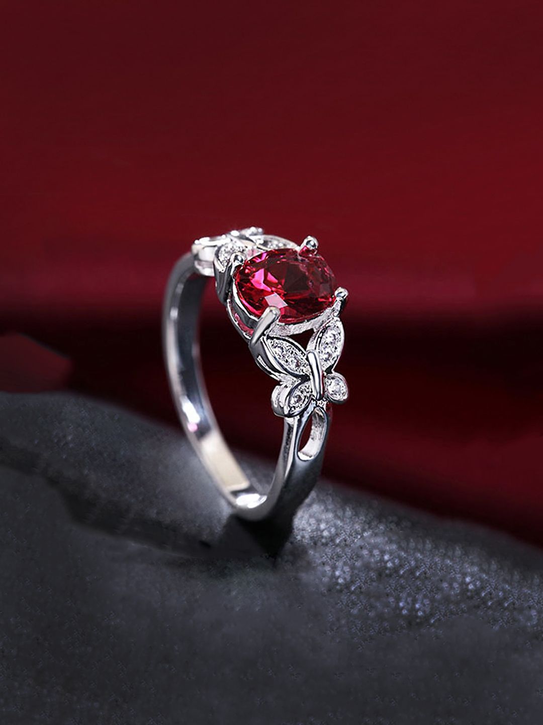 Yellow Chimes Silver Toned  Ruby Crystal Ring Price in India
