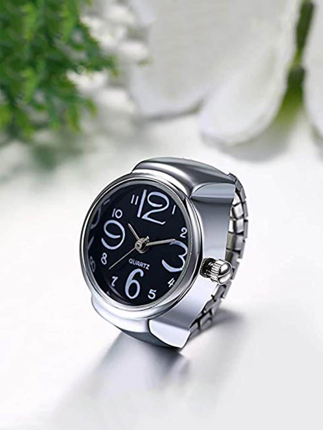 Yellow Chimes Black Dial Analog Watch Stretchable FInger Ring Price in India