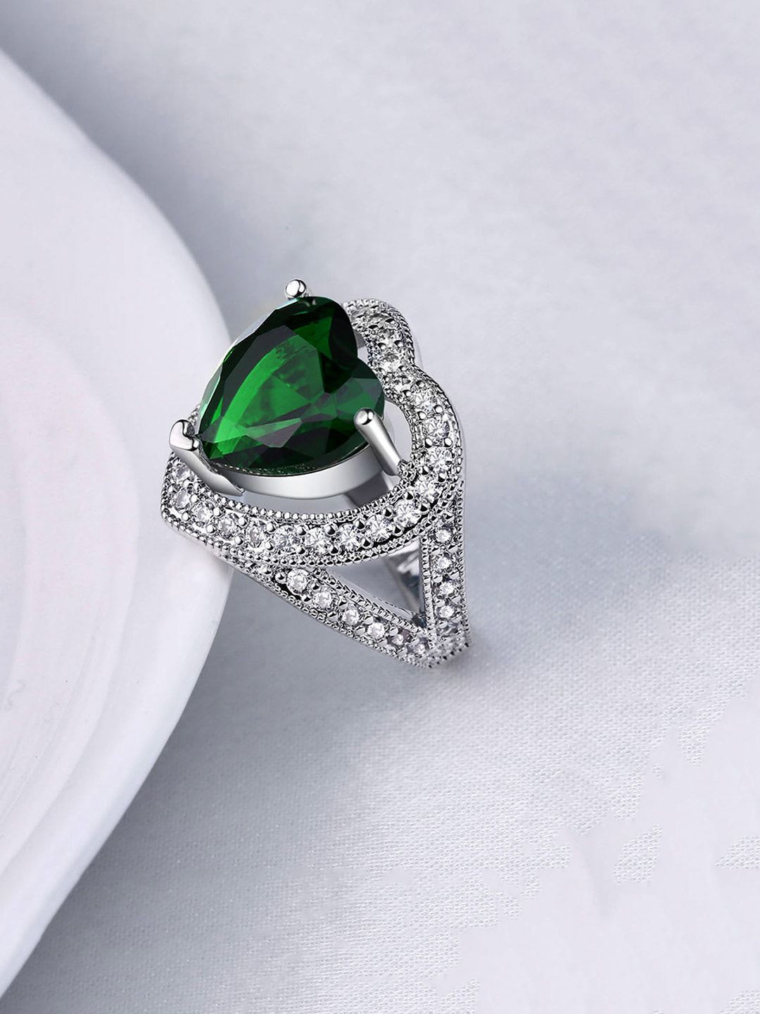 Yellow Chimes Silver-Toned Platinum-Plated Green & White Crystal Studded Finger Ring Price in India