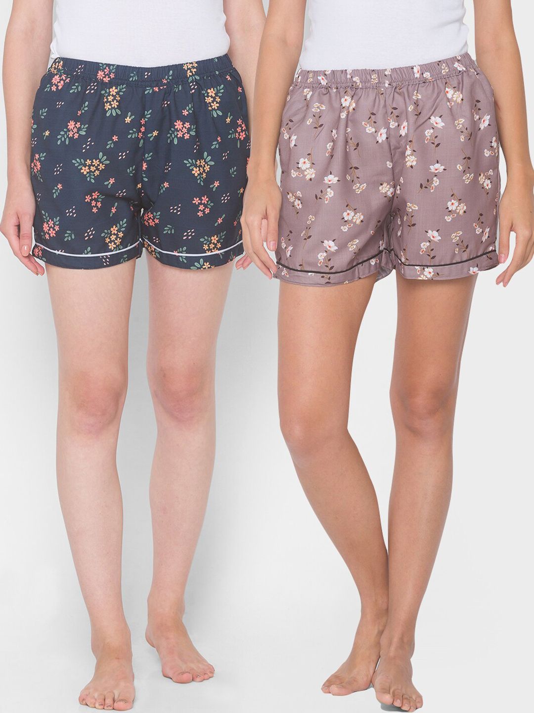 FashionRack Women Pack Of 2 Brown & Navy Blue Printed Lounge Shorts Price in India