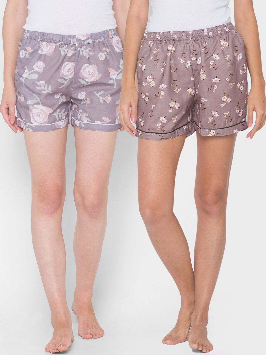 FashionRack Women Brown & White Pack Of 2 Printed Lounge Shorts Price in India