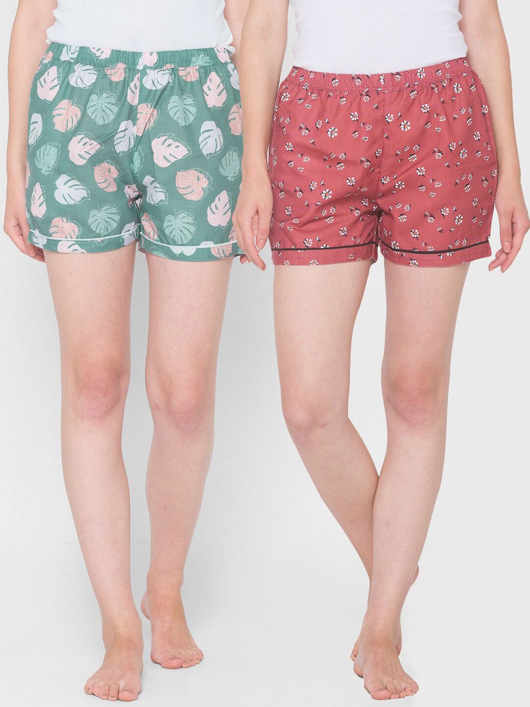 FashionRack Women Pack Of 2 Brown & Green Printed Cotton Lounge Shorts Price in India