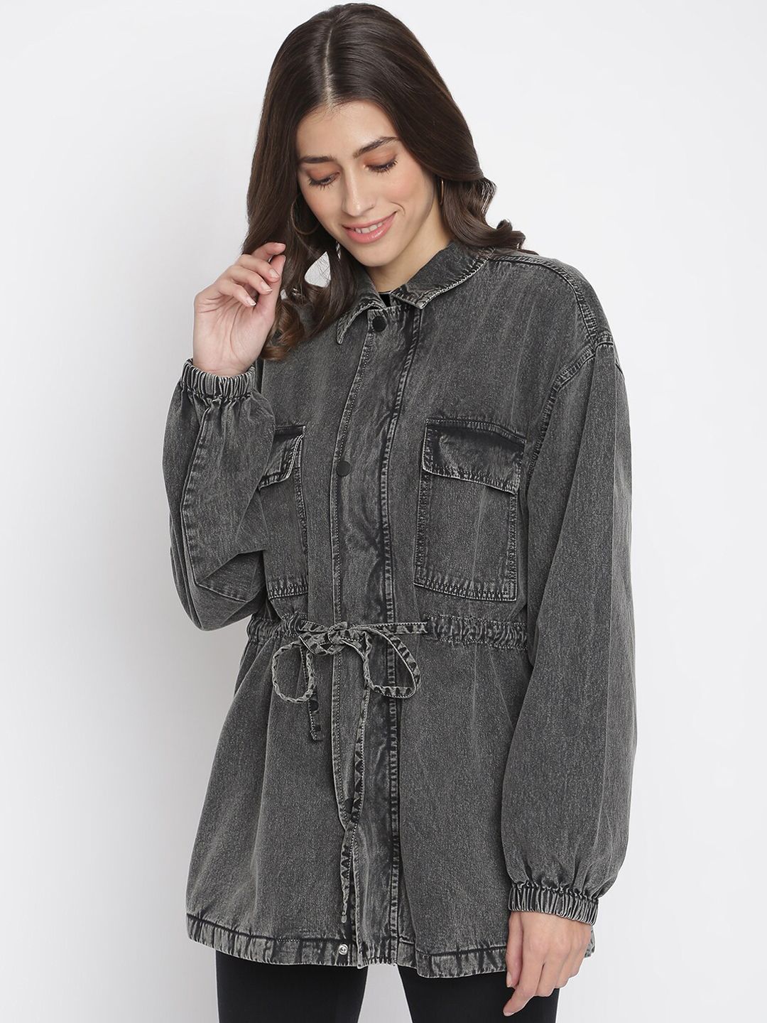 TALES & STORIES Women Grey Washed Longline Denim Jacket Price in India