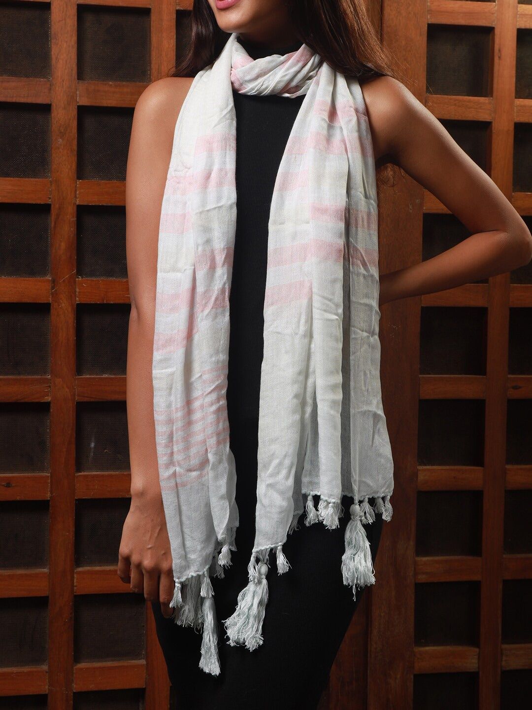 Ayesha Women Grey & Pink Contemporary Striped Viscose Tassel Scarf Price in India