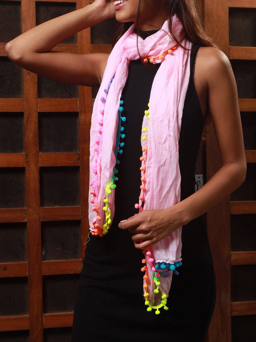 Ayesha Women Pink & Multicolor Contemporary Solid Pink & Multicolor Pomnopom Scarf Price in India