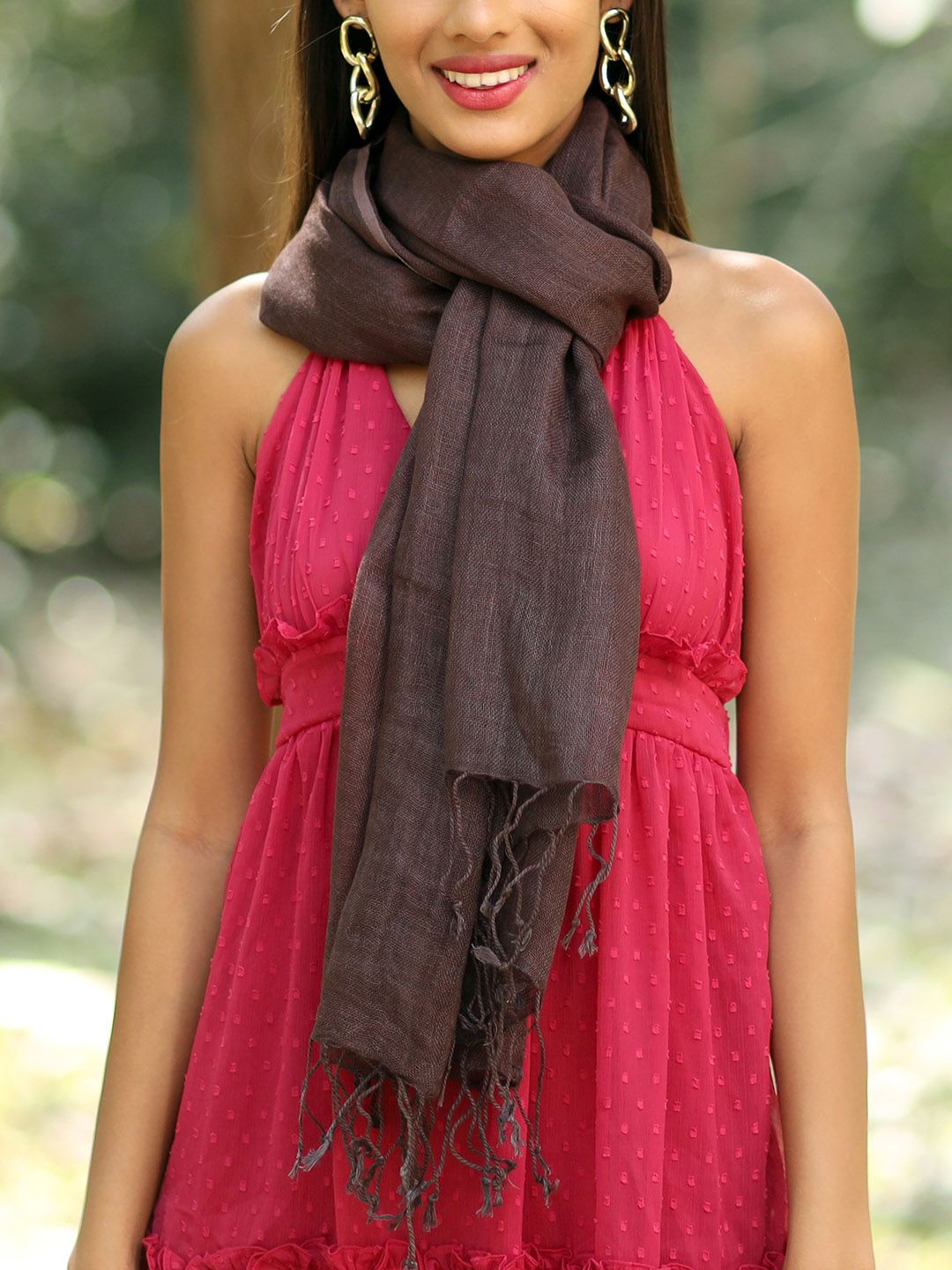 Ayesha Women Brown Contemporary Solid Linen Fringe Scarf Price in India