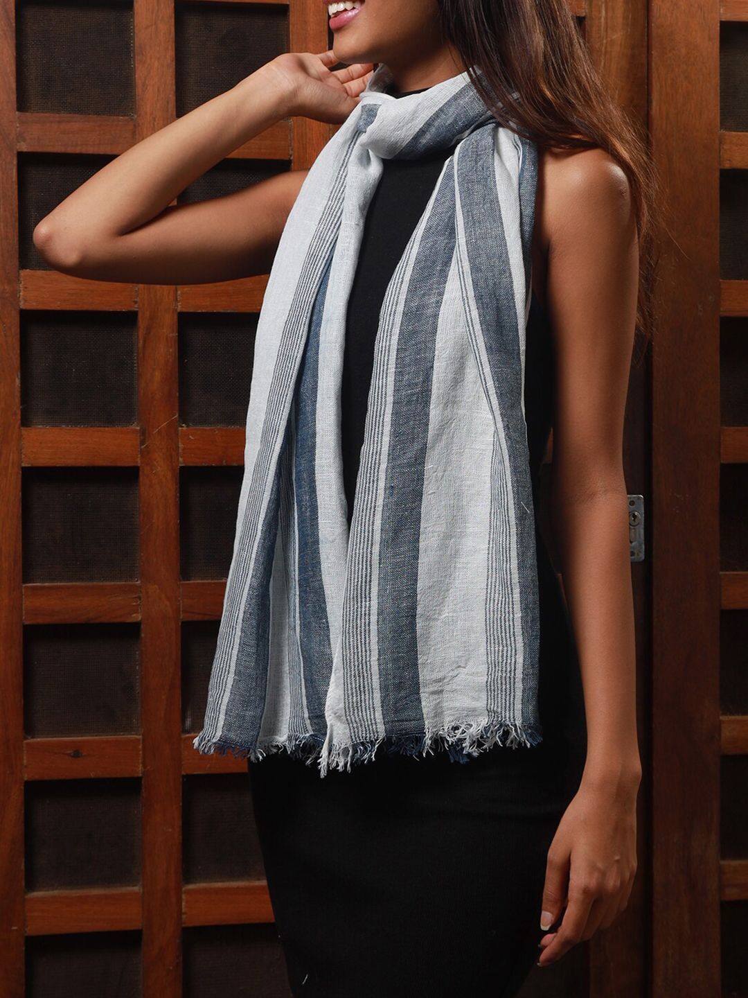 Ayesha Women Blue & Grey Contemporary Striped Scarf Price in India