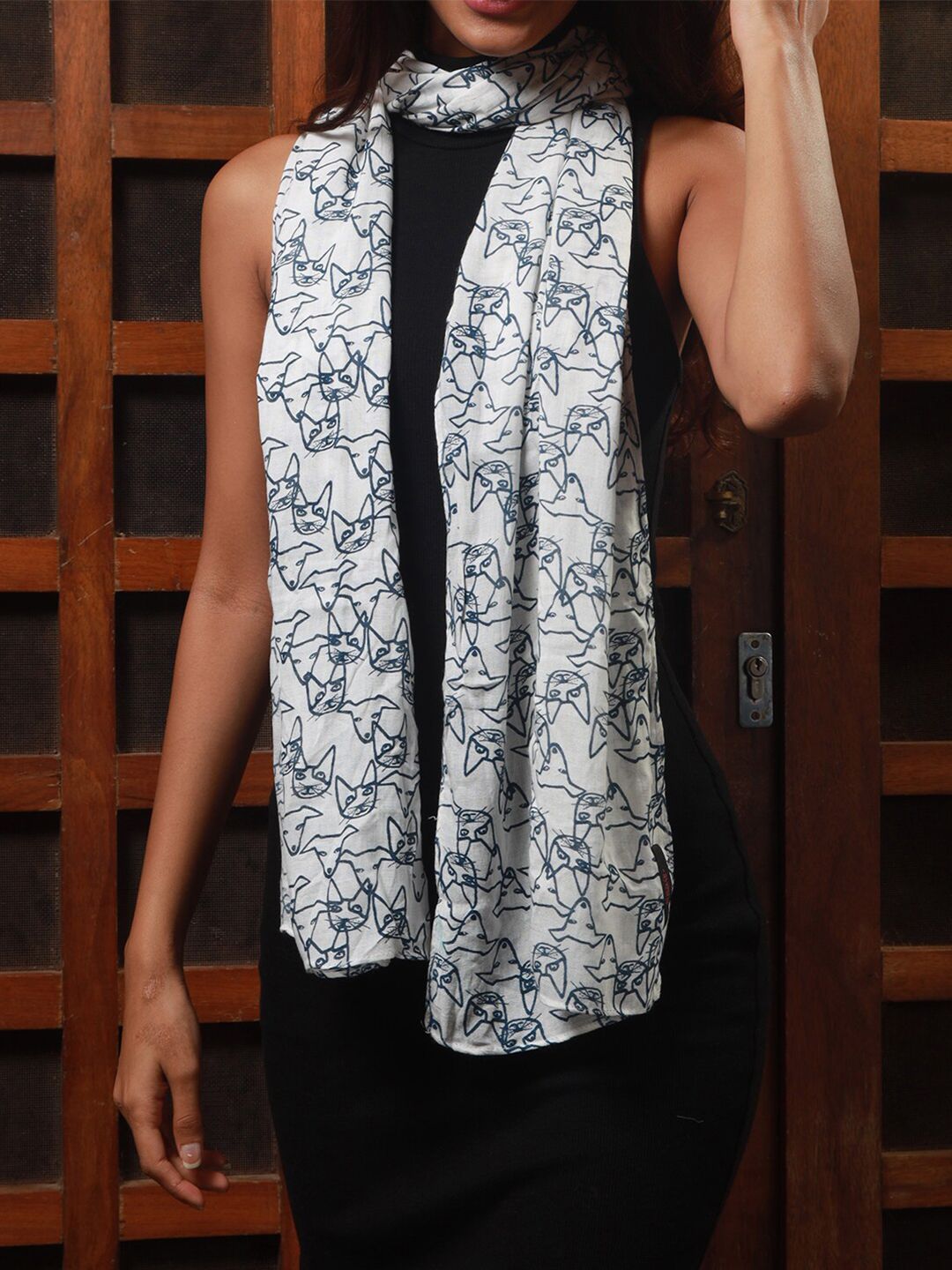 Ayesha Women White & Blue Cat Printed Scarf Price in India