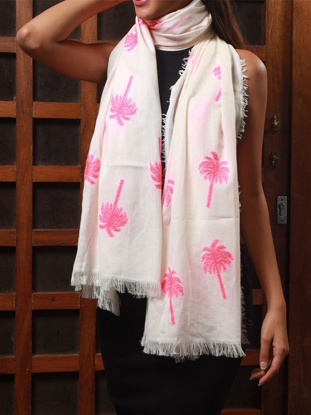 Ayesha Women White & Pink Contemporary Neon Palm Tree Embroidered Cotton Scarf Price in India