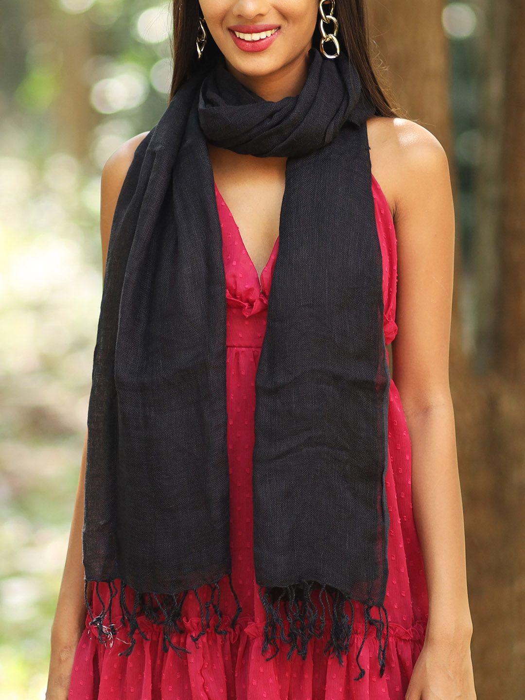 Ayesha Women Black Contemporary Solid Linen Fringe Scarf Price in India