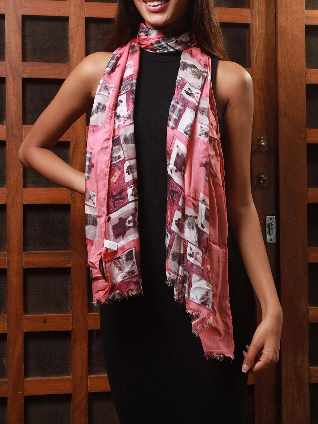 Ayesha Women Pink & White Abstract Animal Pictures Printed Scarf Price in India