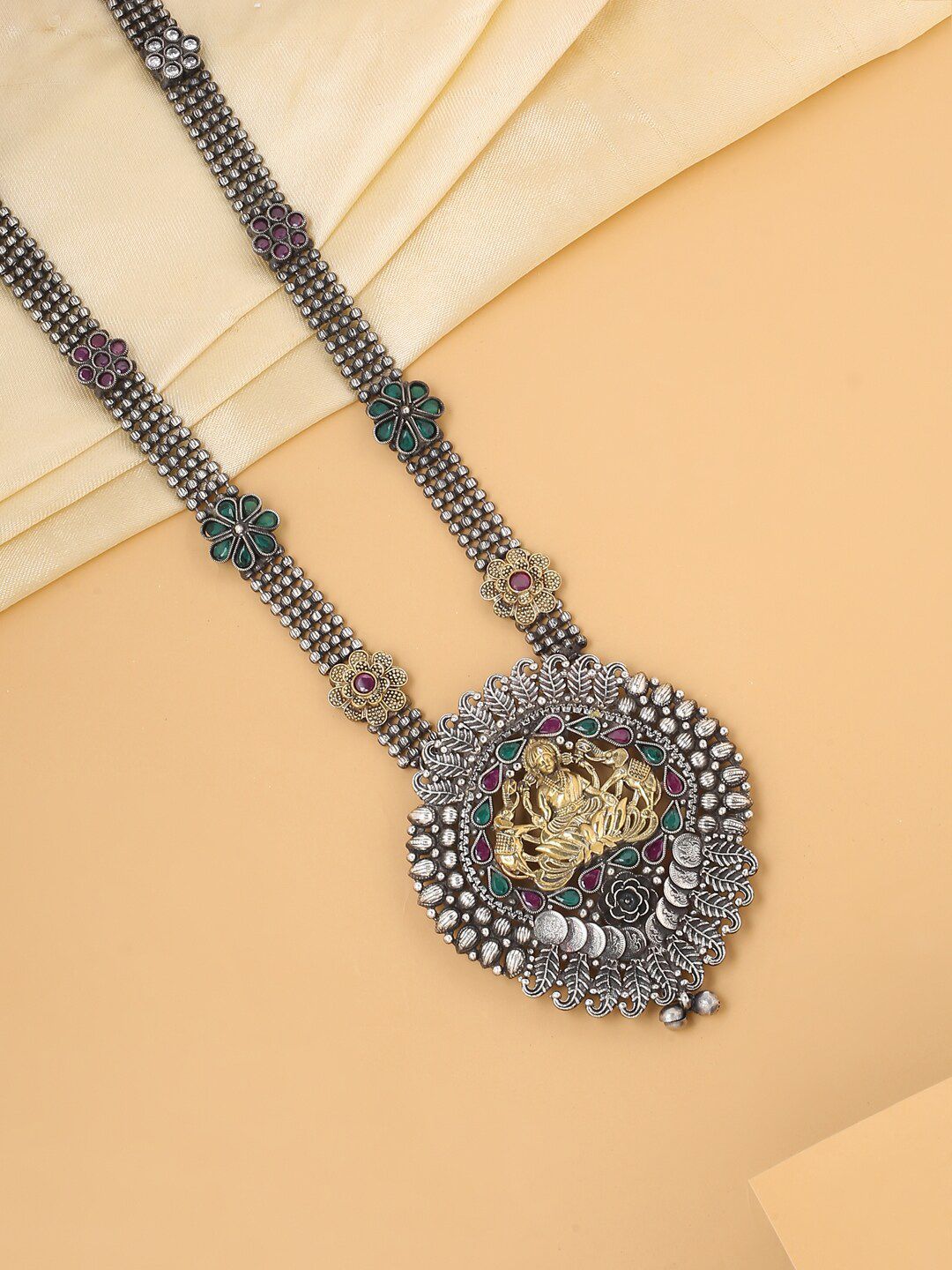 VIRAASI Woman Silver-Toned & Green Dual Tone Temple Necklace Necklace Price in India