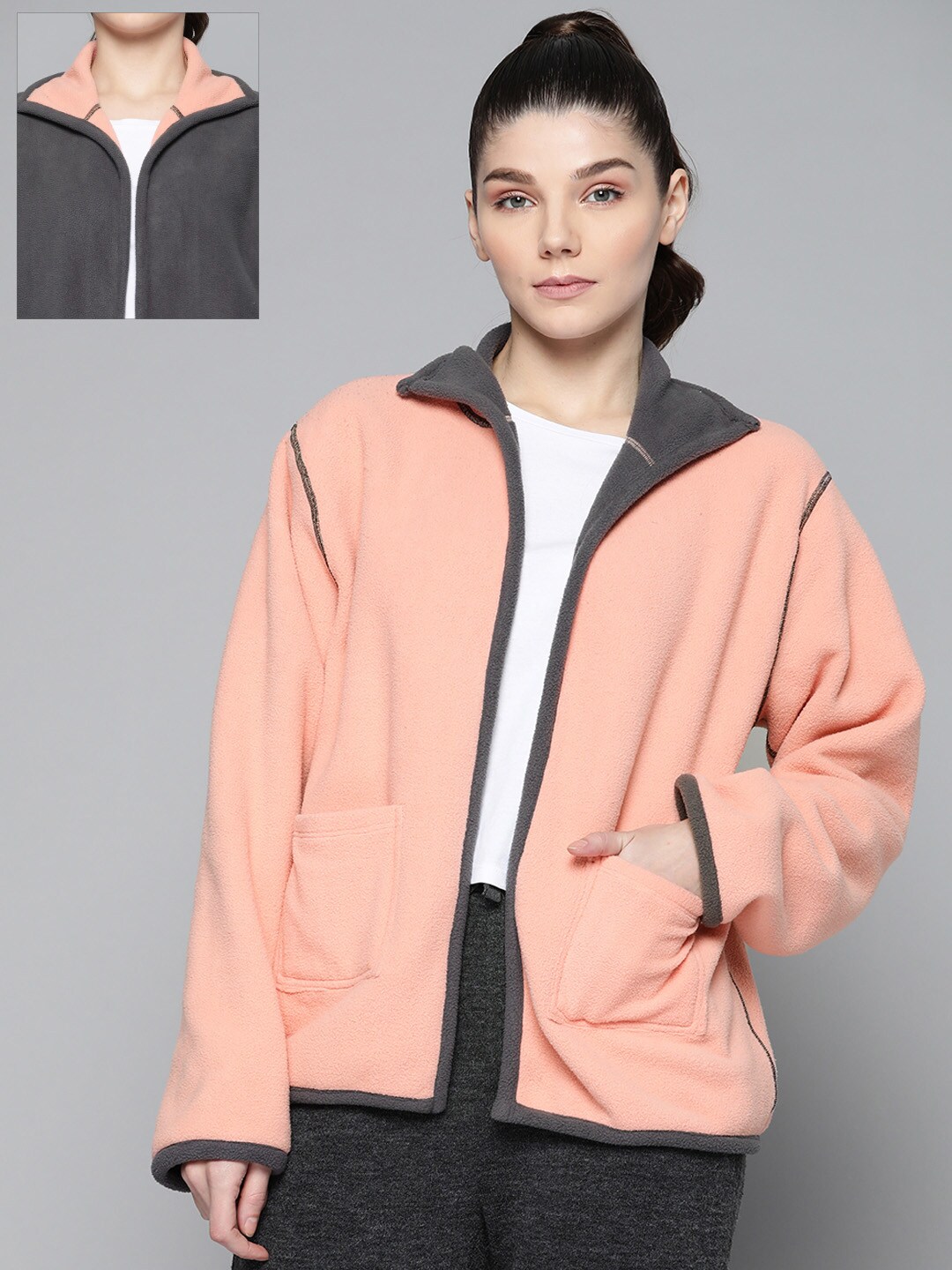 Fitkin Women Charcoal & Pink Reversible Warm Winter Open Front Jacket Price in India