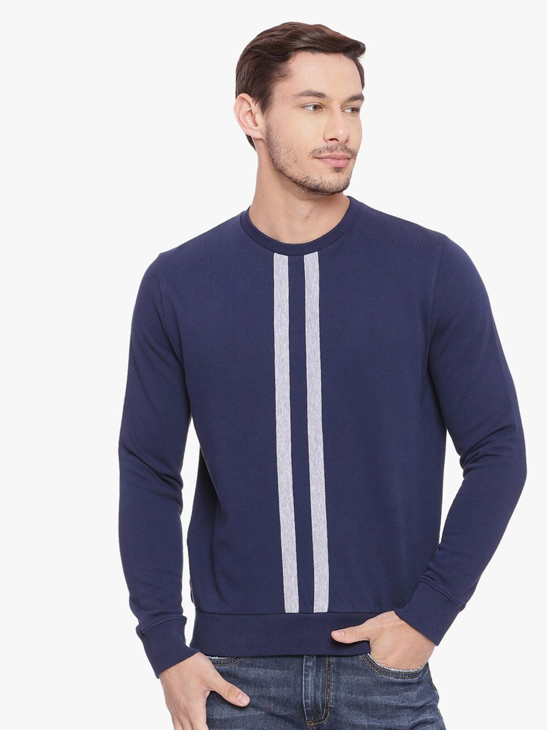 Basics Men Navy Blue & Grey Striped Pullover