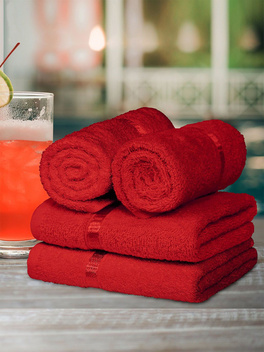 Story@home Set Of 4 Red Solid Pure Cotton 450 GSM Hand Towels Price in India