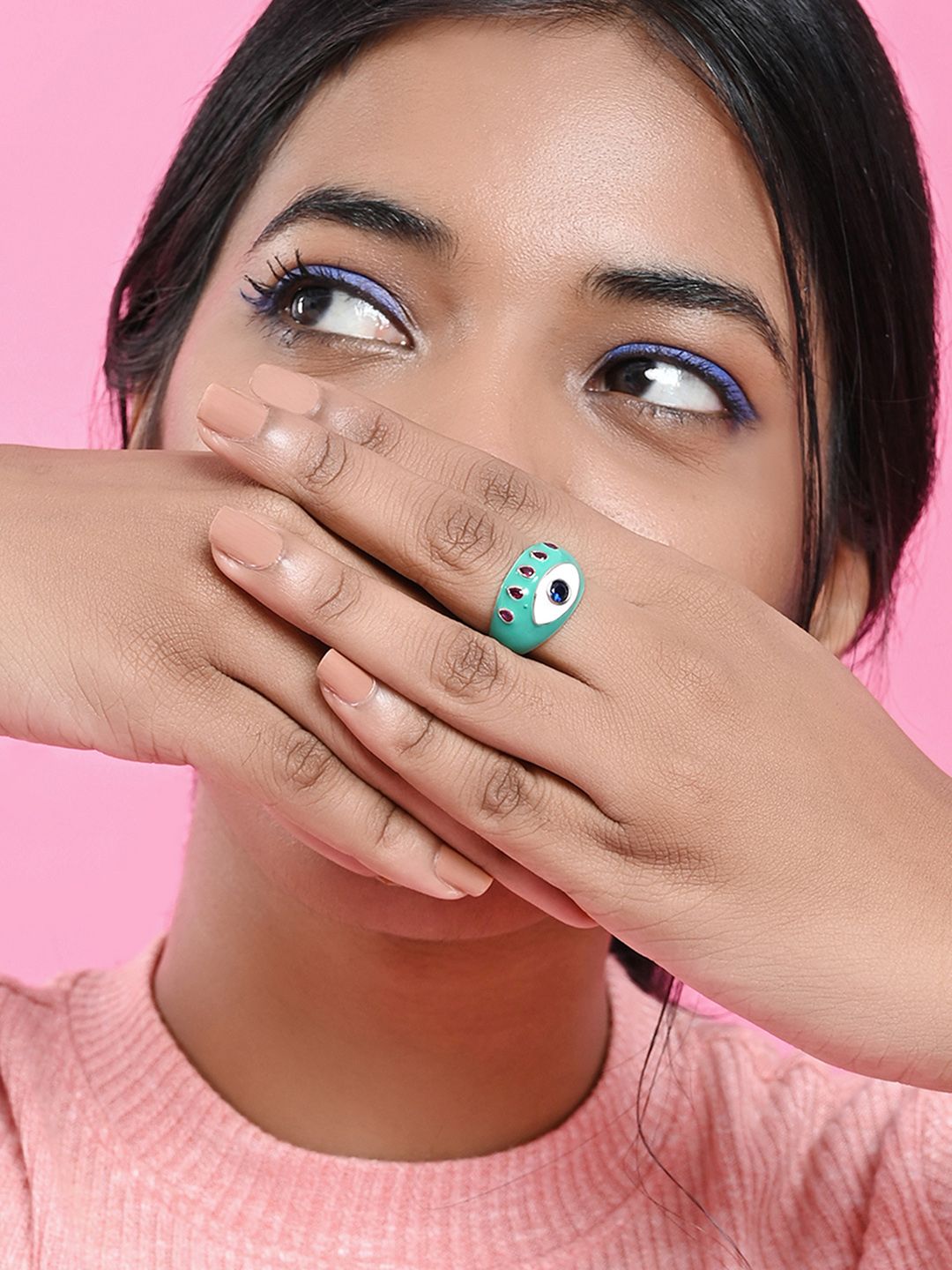 Mikoto by FableStreet Gold-Plated & Blue Rhinestones-Studded Evil Eye Chunky Adjustable Finger Ring Price in India