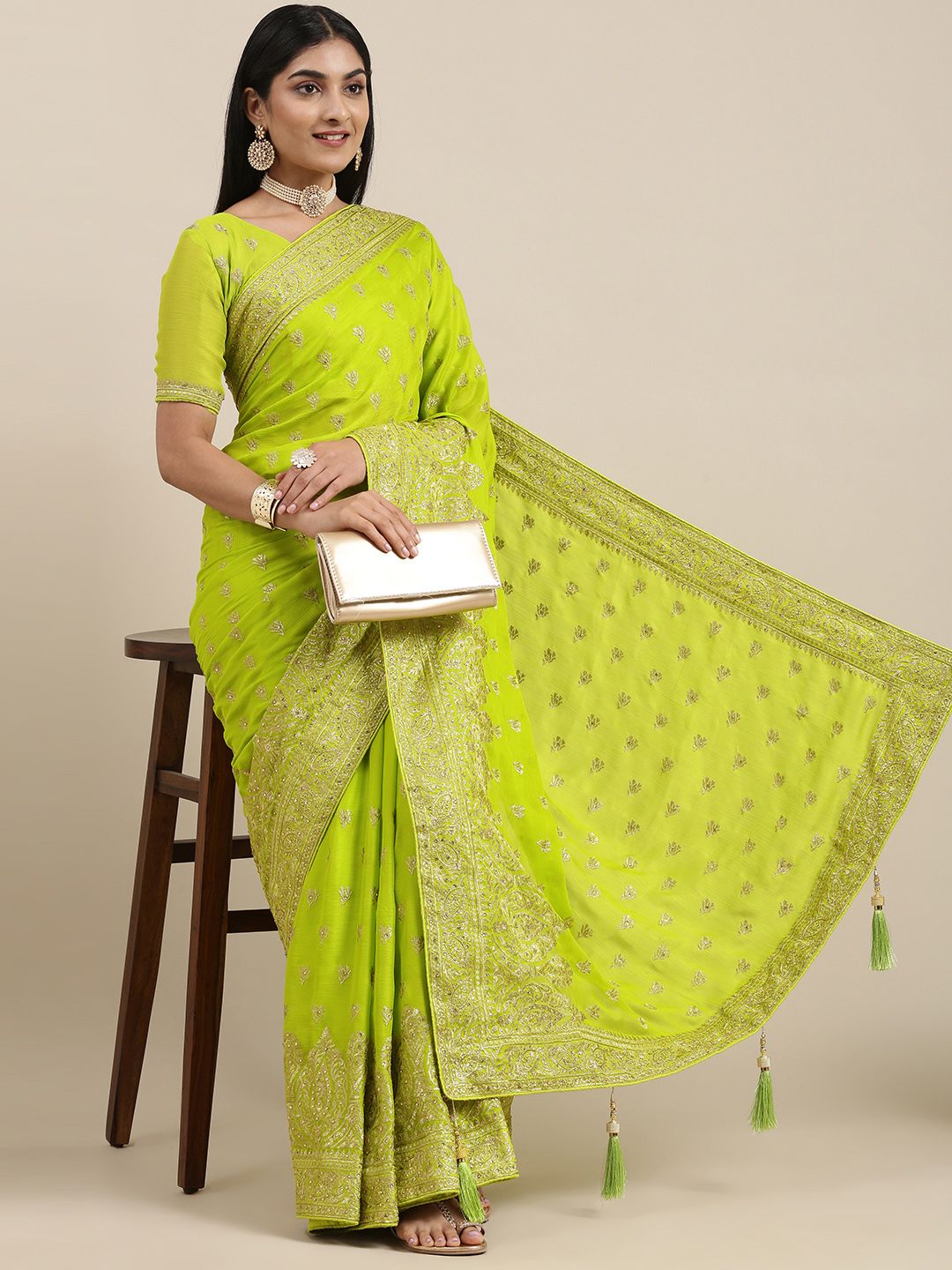 Mitera Green Ethnic Motifs Beads and Stones Satin Saree Price in India