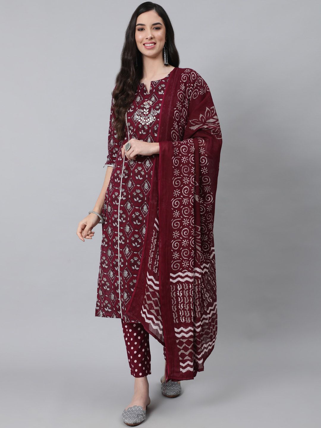 Anubhutee Women Maroon Ethnic Motifs Thread Work Pure Cotton Kurta with Trousers & With Dupatta Price in India