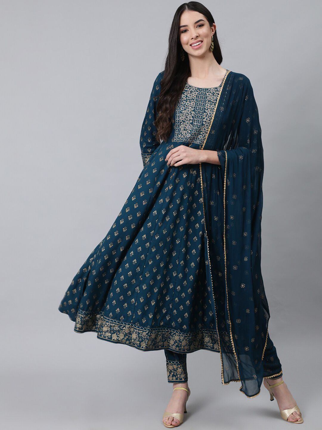 Anubhutee Women Navy Blue Ethnic Motifs Embroidered Thread Work Kurta with Trousers & With Dupatta Price in India