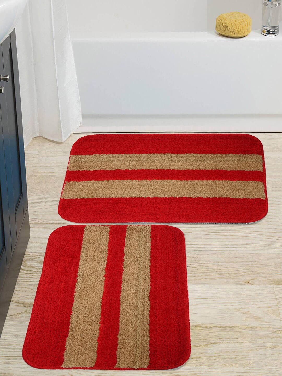 HOSTA HOMES Set of 2 Red & Beige Striped Anti Skid Doormats Price in India