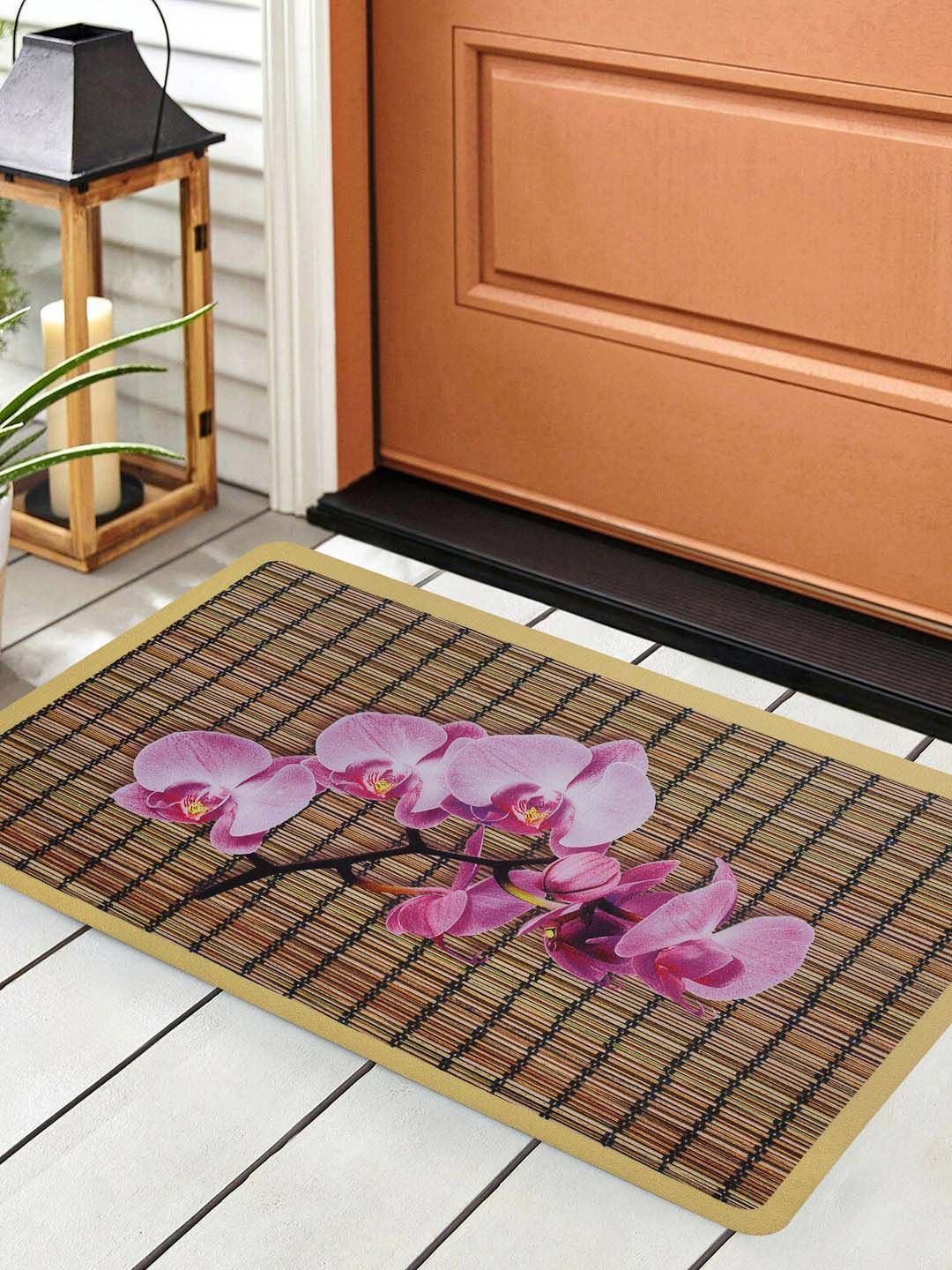 HOSTA HOMES Beige & Pink Digital Printed Anti-Skid Doormat Price in India