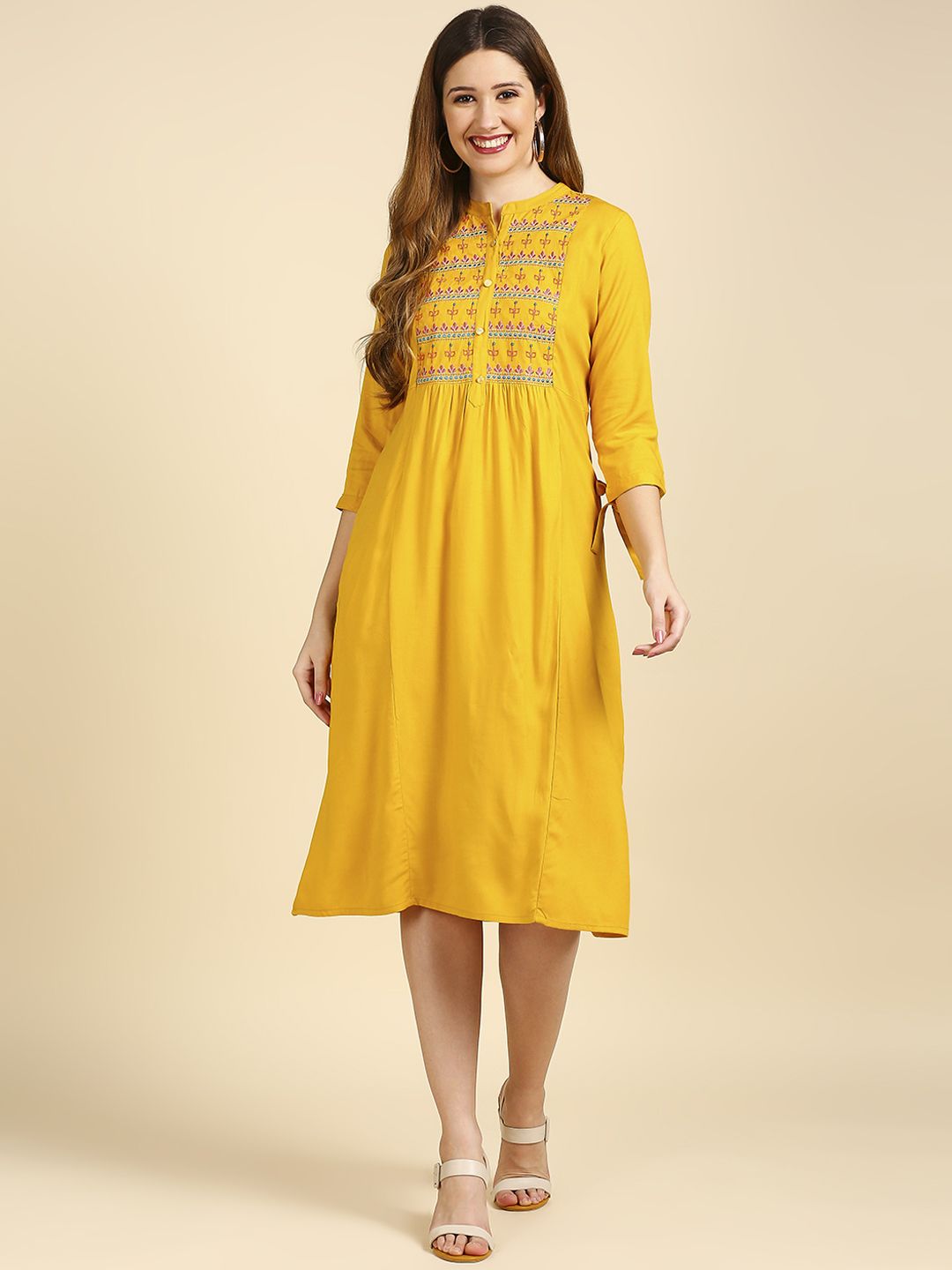 Anubhutee Mustard Yellow Ethnic Motifs Embroidered Ethnic A-Line Midi Dress Price in India