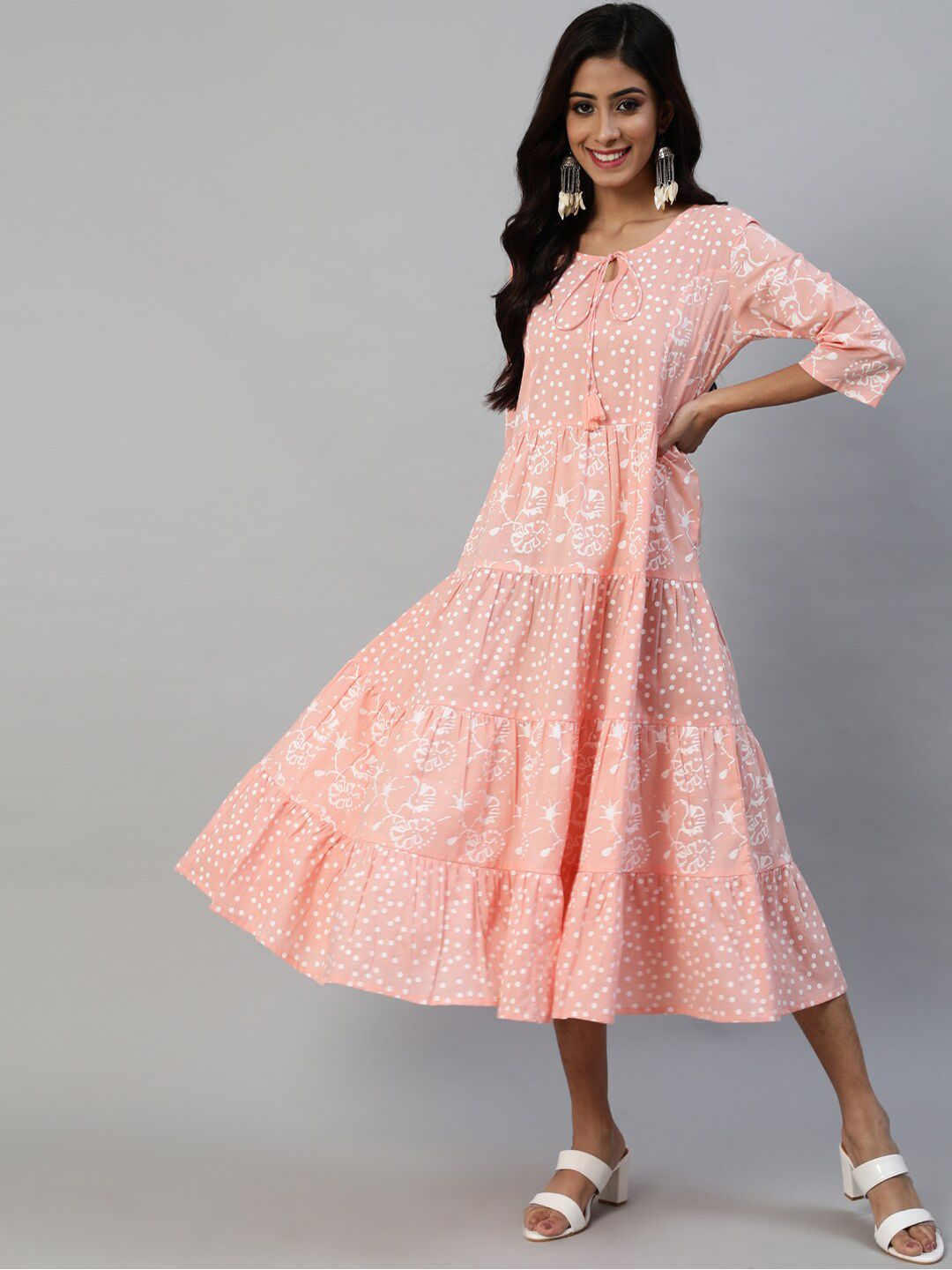 Anubhutee Peach-Coloured Ethnic Motifs Tie-Up Neck Ethnic A-Line Midi Dress Price in India