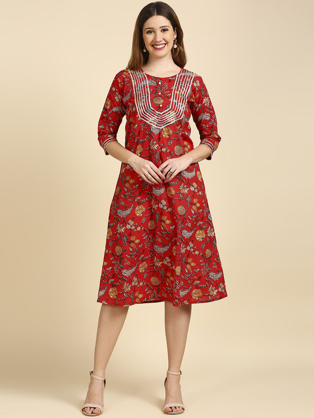 Anubhutee Red Ethnic Motifs A-Line Midi Dress Price in India