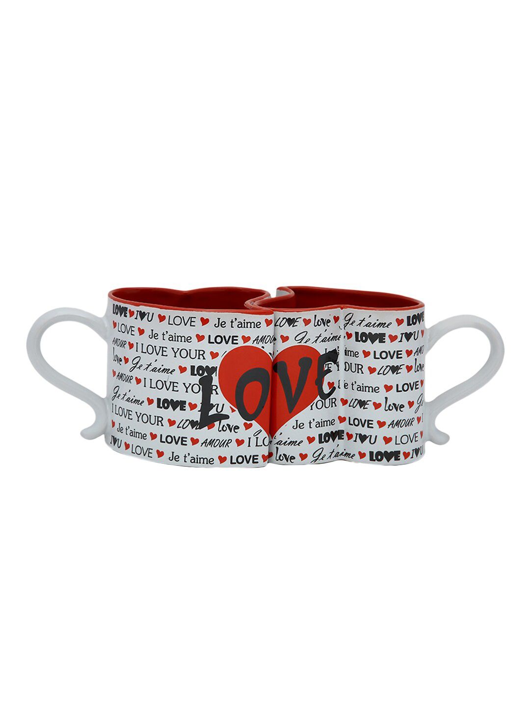 BonZeaL Set Of 2 Red & White 3D Printed Ceramic Glossy Couple Mugs Price in India