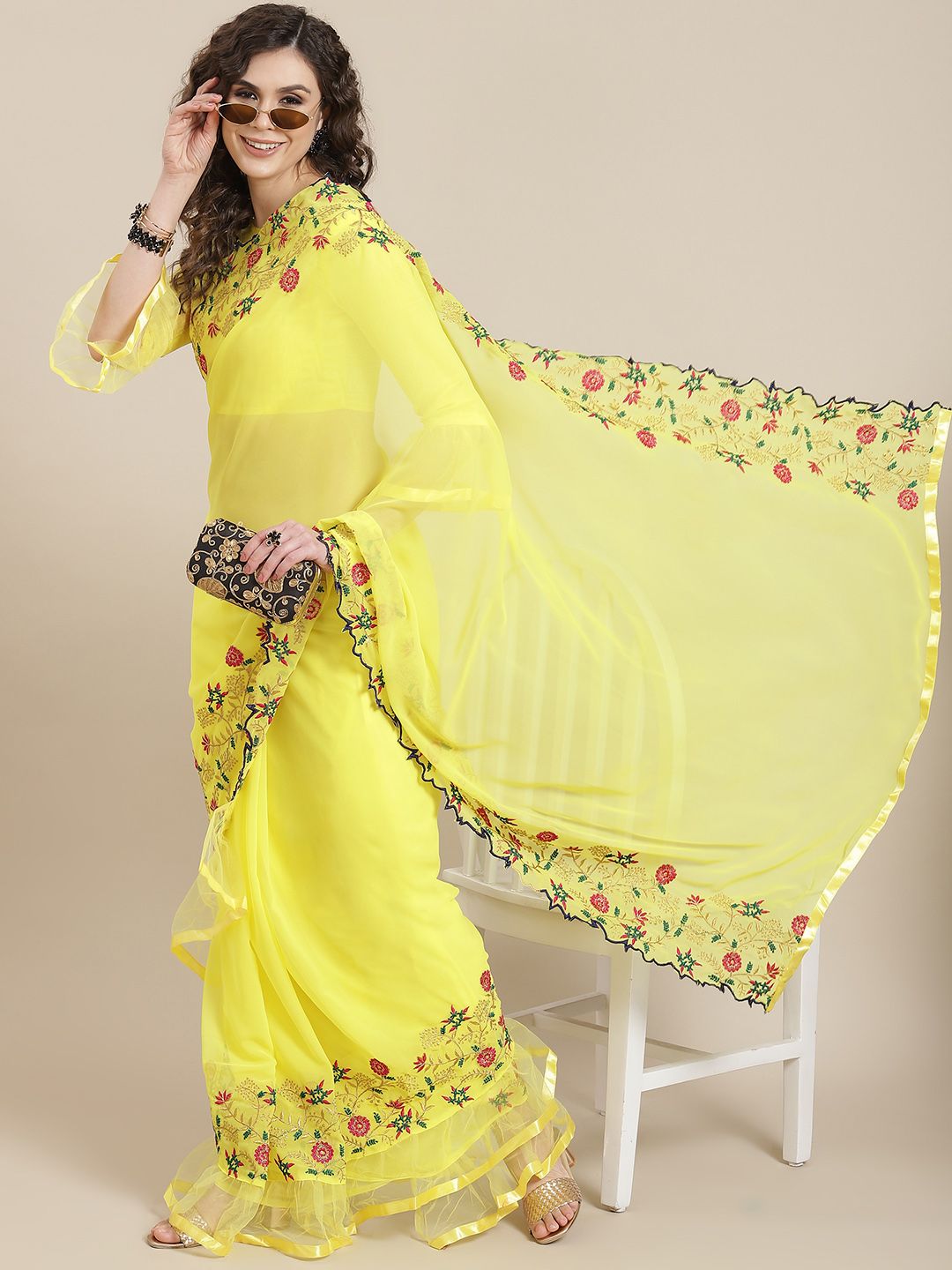 Mitera Women Yellow & Red Embellished Embroidered Ruffle Saree Price in India