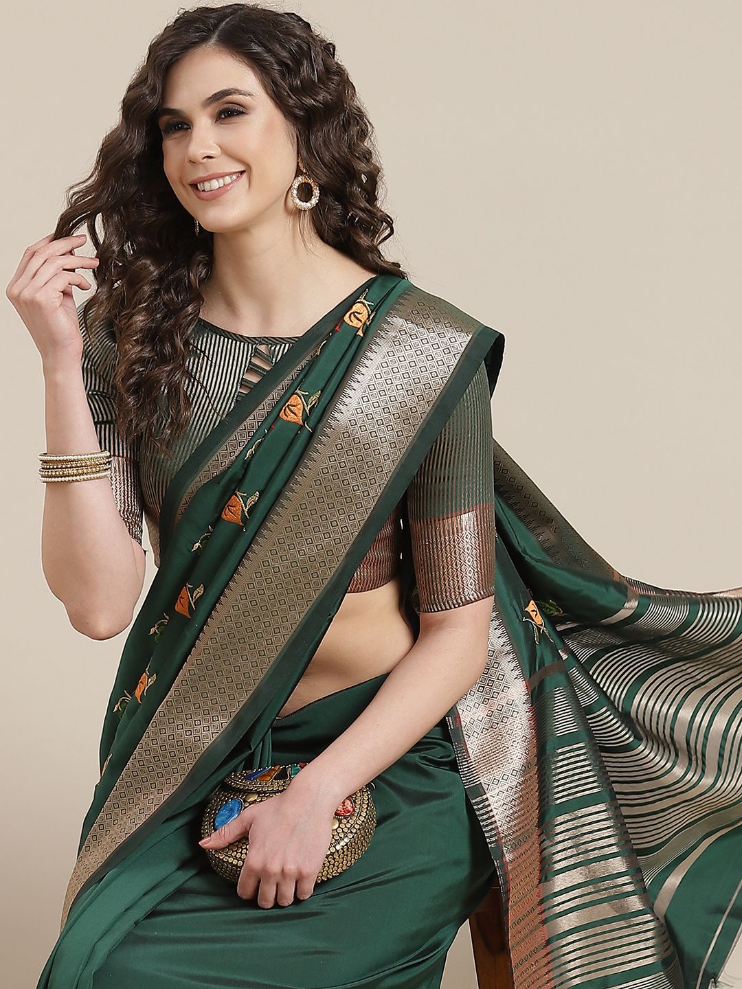 Mitera Green Embroidered Chanderi Saree Price in India