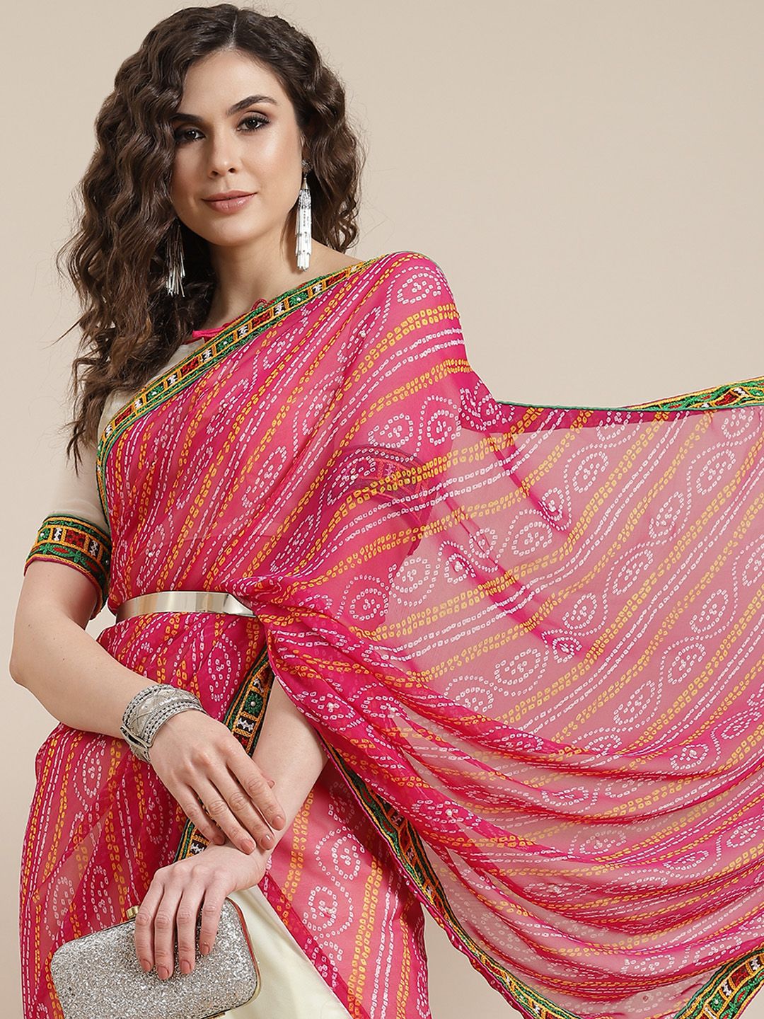 Mitera White & Pink Bandhani Saree Price in India