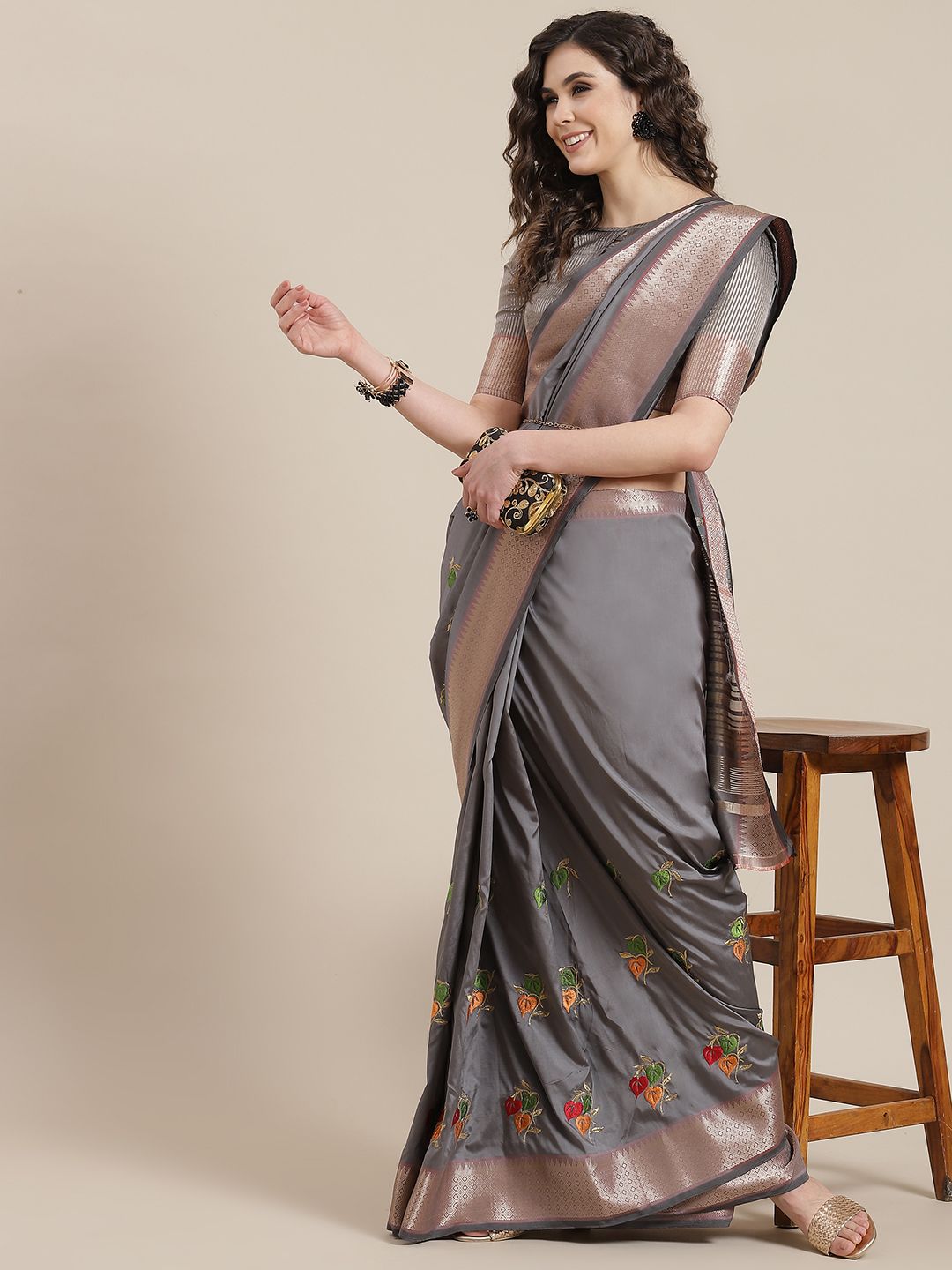 Mitera Grey Embroidered Detail Saree Price in India