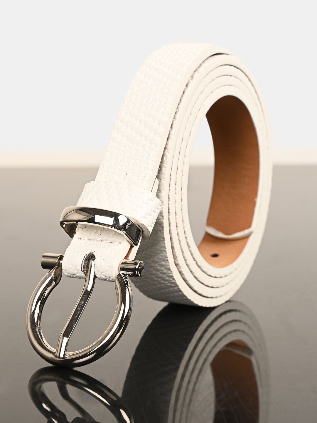 BuckleUp Women White Textured Slim Belt Price in India