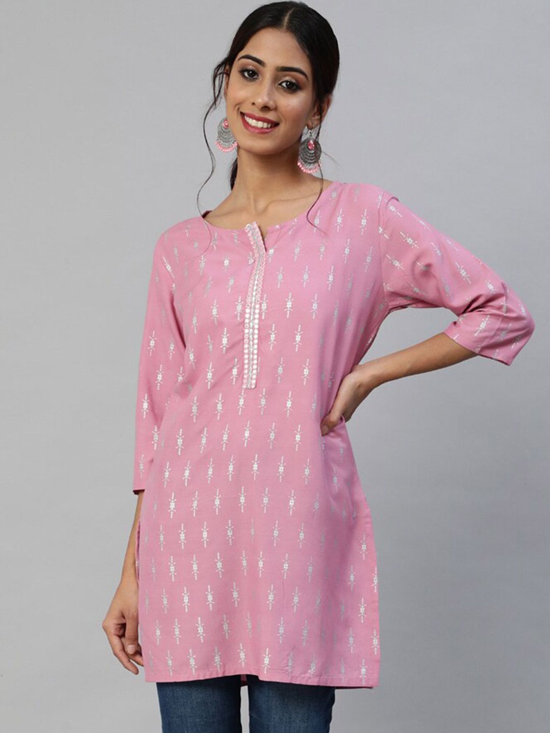 Anubhutee Mauve & White Ethnic Motifs Printed Mirror Work Mirror Work Kurti Price in India