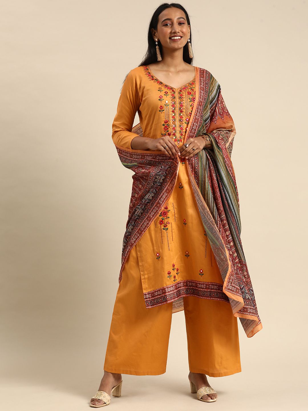 Shaily Mustard Embroidered Pure Cotton Unstitched Dress Material Price in India