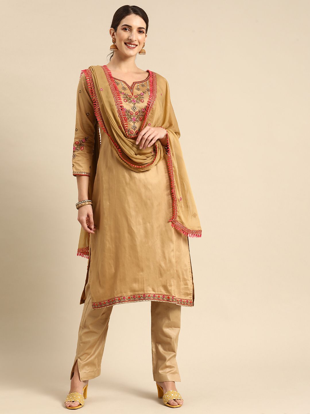 Shaily Beige Embroidered Pure Cotton Unstitched Dress Material Price in India
