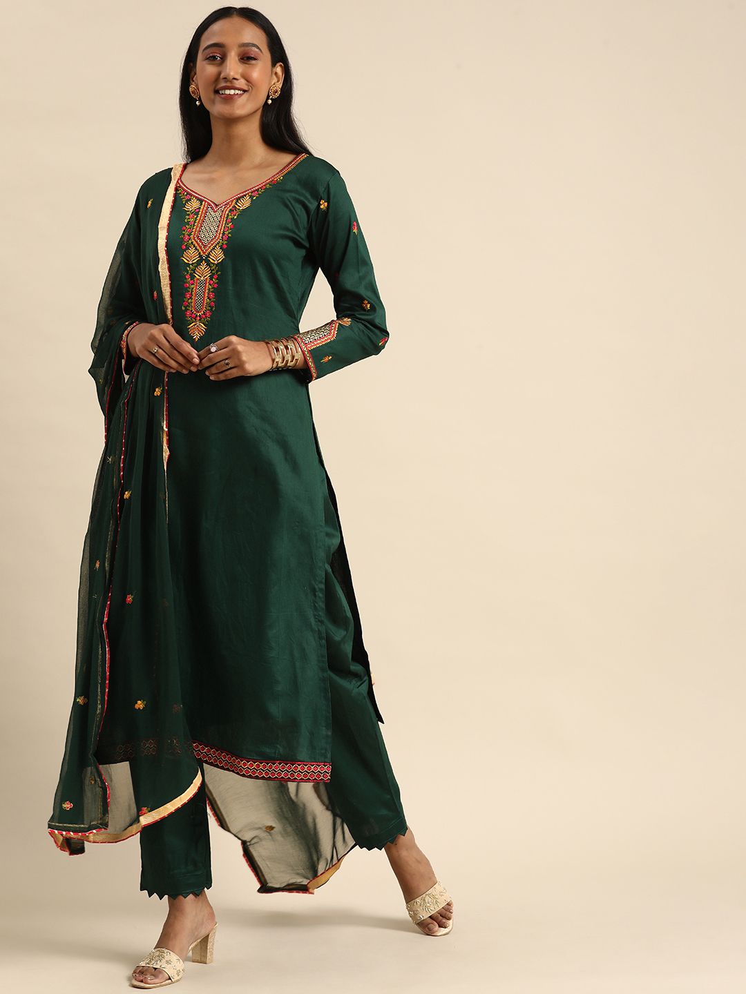 Shaily Green Embroidered Pure Cotton Unstitched Dress Material Price in India